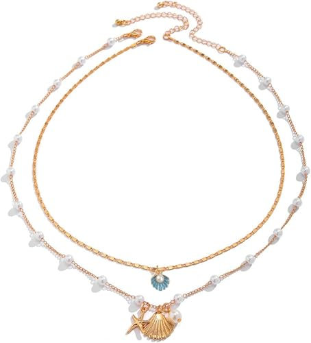 Ticome Bohemian Starfish Shell Pearl Layered Necklace Set Woman Alloy Summer Beach Surfer Vacation Chain Necklaces Jewelry Ocean Style