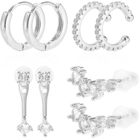4 Paar Ohrringe Silber 925 Damen, Vergoldet Ohrringe Gold Set, Ohrringe Silber 925 Set, Reif Silber Ohrringe Hypoallergene Kleine Ohrstecker Stapelbar FüR Mehrere OhrlöCher (Silberner Satz)