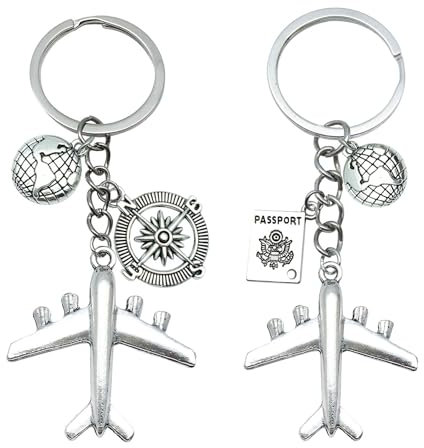 HCHES Lot de 2 porte-clés d'avion, boussole - Cadeau de voyage pour hôtesses de l'air, pilotes, globetrotters et couples - Année à l'étranger, argenté, 9.2*3.7cm