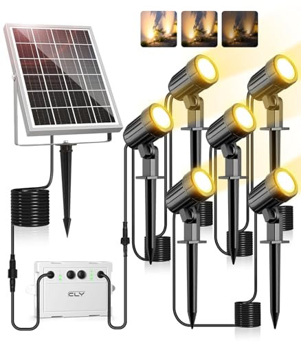 CLY Spot Solaire Extérieur Blanc Chaud, Projecteur Exterieur Solaire 2 Modes Dynamiques 3 Luminosité Lampe Solaire Exterieur Jardin 6000mAh Eclairage Exterieur Solaire P66 pour Chemin Cour Allé 6 EN 1