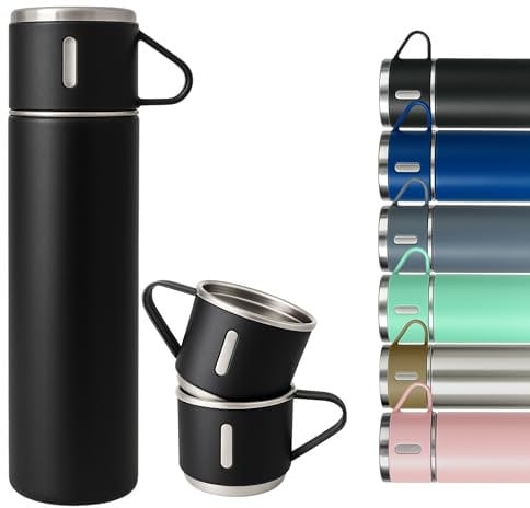 Thermosflasche 500ml aus Edelstahl – 2 Tassen mit Griff – Auslaufsicher, BPA-frei – inkl. Reinigungsbürste – Farbe: Schwarz