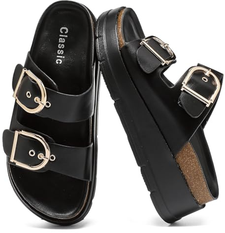Sandales Plateforme Femme Bride Réglable Boucle, Semelles Épaisses Mules | Semelle Liège Chaussures Plage Plateau, d'Été Légères Maison, Chaussons Antidérapants