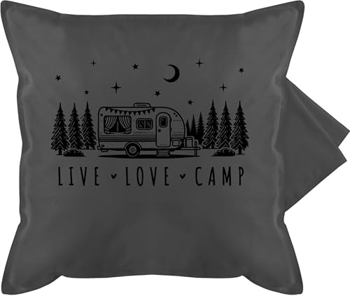 Kissenbezug - Camping Kissen - Live, Love, Camp - Roadtrip Van life Accessoires - 50 x 50 cm - Grau - camper kissenbezüge für campingfans motiv polster mit motive kuschelkissen campen campervan
