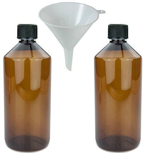 mikken 2 x braune Laborflasche 1000 ml aus Kunststoff (PET), Apothekerflasche, Veralflasche inkl. Einfülltrichter