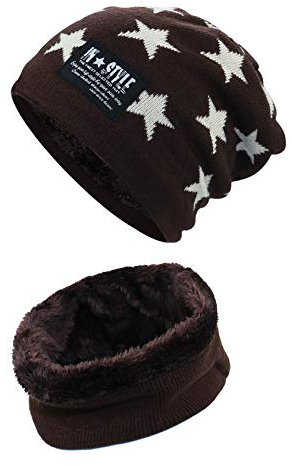 Kinder Winter warme Mütze mit Schal Strickmütze weich gefüttert.YR.Lover Stern Kaffee Einheitsgrösse