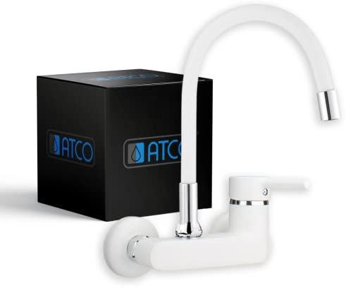 ATCO® Wandarmatur Spültischarmatur flexibler Auslauf Küchenarmatur Wasserhahn Waschtischarmatur Armatur Wandmontage Küche Spüle Ausgussbecken Garten Gastronomie EHM Einhebel weiss-weiss