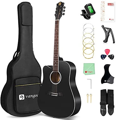 Vangoa Acoustique Guitare pour Gaucher Débutant Adulte Étudiants Folk Guitare à Pan Coupé 4/4 avec Débutant Kits, Full Left Handed Guitar Set, Noir