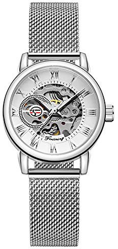 MG. ORKINA Montre mécanique Squelette Creux pour Femme avec Bracelet en Acier Inoxydable tressé (Argent et Blanc)