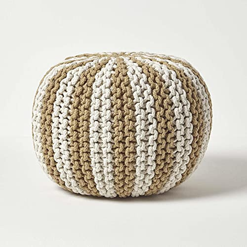 Homescapes Pouf, leinen-weiß gestreifter Strickpouf, rundes Bodenkissen 35 x 40 cm, dekorativer Fußhocker mit grob gestricktem Bezug aus 100% Baumwolle, Strickpuff/Strickhocker