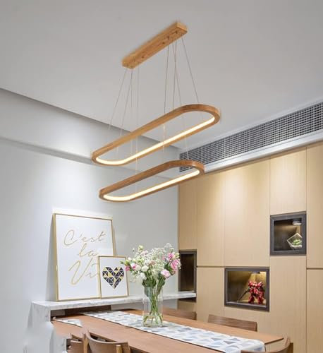 LED Pendellampe Holz Esstisch Pendelleuchte Dimmbar mit Fernbedienung 2-Ring Oval Design Hängeleuchte, 61 W Esszimmerlampe Wood, Höhenverstellbar Wohnzimmer Holzlampe 90cm + 70cm