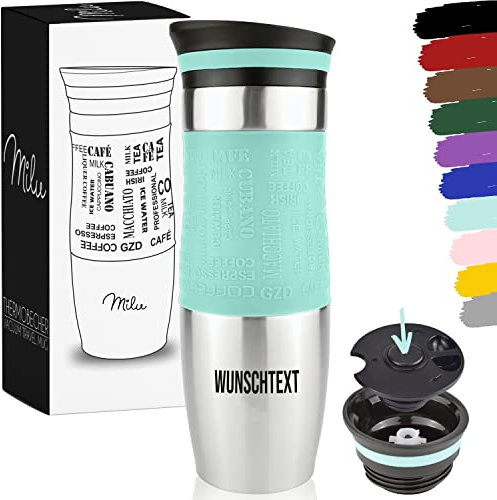 Milu Thermobecher 450ml mit Gravur - als Geschenk-Idee Ostern, Vatertag, Muttertag, Weihnachten, Einschulung, Liebesgeschenk, Geburtstag, Frauen und Männer Mama Papa Kinder (Türkis + Gravur)