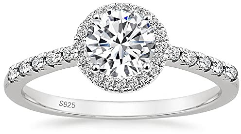 Zakk Ring Damen Verlobungsring Silber 925 Runden Zirkonia 1,25 Karat Solitaire Halo Partnerringe Eheringe Trauringe Freundschaftsringe Versprechen Ringe