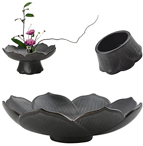 CRAFFANCY Kit de arreglos florales, 1 juego de jarrón de flores de loto de cerámica oscura para arte floral de Ikebana, plato de frutas para decoración del hogar