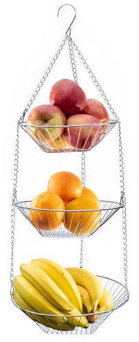 INTIRILIFE Küchenampel Hängekorb für Obst und Gemüse SILBER - 23/ 25.5/ 28 x 73 cm - 3 Stockwerke, Obstkorb zum Aufhängen - Obstschale platzsparend Küche, 3 Etagen, 3er Etagere für die Decke