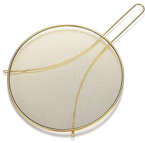 HOMQUEN Gold Spritzschutz zum Kochen 9,8 Zoll, Edelstahl Fettspritzschutz für Bratpfanne, Feinmaschiger Spritzschutz mit Standfüßen, Komfort-Griff, Sicherer Kochdeckel, Halt die Küche Sauber