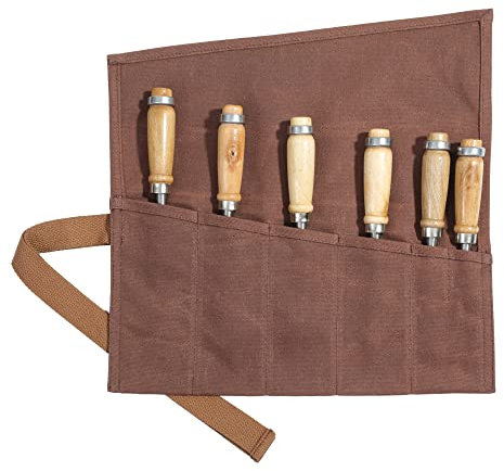 Wrench Tool Roll with 6 Pockets,Waxed Canvas Tool Roll Up Pouch for Chisels, Hammers, fishing jigs, carving knife (Brown)