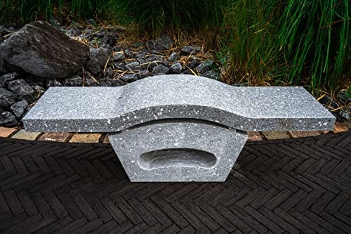 IDYL Granit Stein Naturstein Bank in Wellenform | Frostfest | Größe (Länge) 150 cm | Grau | Handarbeit | Japanische Garten-Dekoration