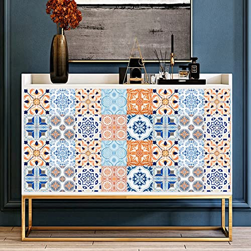 Tile Stickers Orange Royal Blue White Stick on Tiles PVC Self Adhesive Wall Tiles Durable Peel and Stick Floor Tiles Stick on Wall Tiles Water Proof Tile Stickers for Bathroom Kitchen 15x15cm/10 pcs