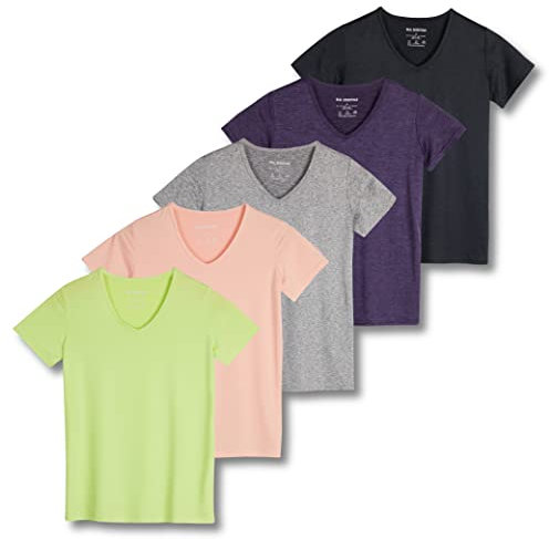 5 Pack: Womens V Neck T-Shirt Ladies Yoga Top Athletic Tees Active Wear Gym Workout Zumba Exercise Running Essentials Quick Dry Fit Dri Fit Moisture Wicking Basic Clothes - Set 11, L