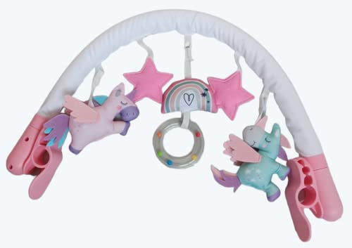 LADIDA Baby Activity Toy Arch with Universal Fittings for Pram Pushchair Buggy Car Seat Suitable from Birth Pink Girl Unicorn Theme