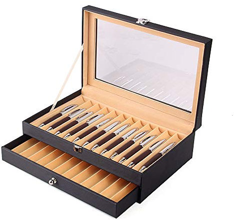 DENEST 24 Slots Stiftebox PU-Leder Stifte Box für Aufbewahrung, Federmäppchen Leder 2 Schicht Füllfederhalter Aufbewahrungsbox Stifte Organizer mit Schubladen (24 Slots Schwarz)