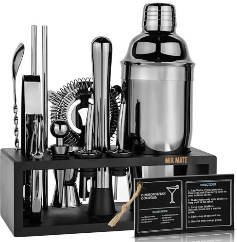 Ensemble shaker à cocktail en acier inoxydable noir avec support en bois – Kit de barman 15 pièces avec shaker, cuillère de bar, doseur de bar, pilon, passoire, décapsuleur, bouchon, bec verseur,