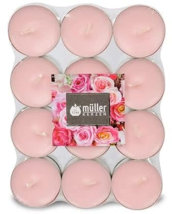Müller Teelichter Duftkerzen – Englischer Rosenduft – 39 × 15 mm – Brenndauer 4 Stunden – Teelichter aus rosa Wachs – 24 Stück