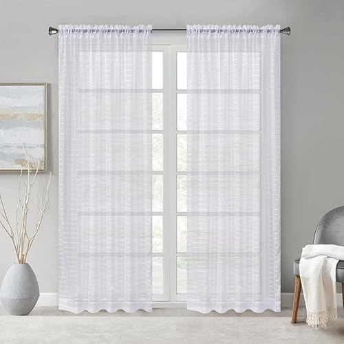 Megachest a pair of sheer IVY checkered pattern voile curtain with tie backs (White,W 56 x L 90 (2 Panels))