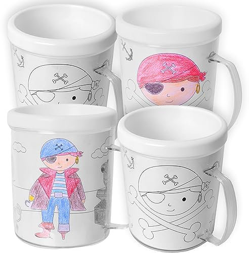 TE-Trend 4 Stück Piraten Ausmal Motiv Plastikbecher Trinkbecher Kinder Kinderbecher Kunststoffbecher Kindertrinkbecher Mitgebsel Transparent