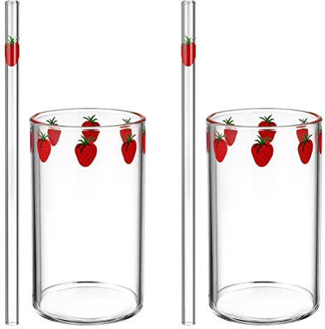 BESTonZON 2 Set Bicchiere Di Fragola Barattolo Di Latte Portatile Bicchiere Bere Tazza Per La Colazione Bottiglia Di Paglia Trasparente Tazze Per Bevande Tazza Tè Whisky Coppa Gelato