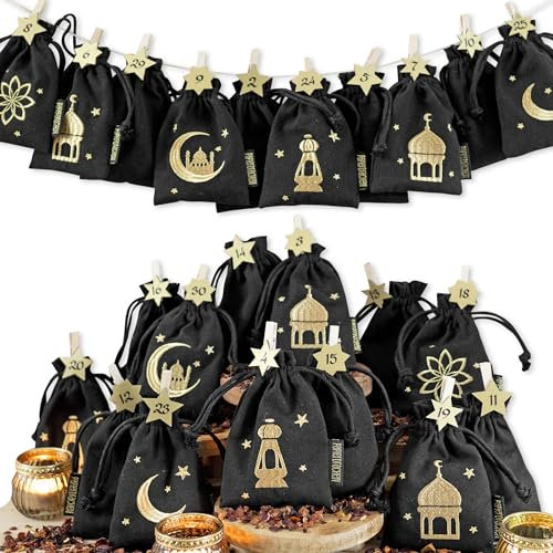 Papierdrachen DIY Ramadankalender zum Befüllen - für Kinder und Erwachsene - 15 bestickte und 15 unbestickte Baumwollsäckchen mit Zahlen und Baumwollschnur - schwarz - wiederverwendbar - Set 8