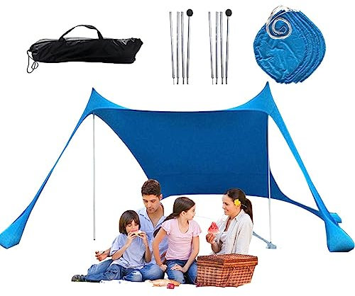 Beach Strandzelt | Sonnenschutz Strand Sonnensegel Aus Lycra | UPF 50+ Strandmuschel Mit Überdachung Und 4 Sandsäcken | Sun Shade Shelter Camping Plane Für Camping, Klettern, Angeln, Picknick, Strand