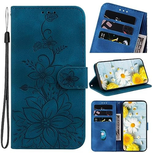 TUUNKMUY Case for Huawei Nova Y70 Plus, Premium PU Leather Embossed Flowers Magnetic Closure Shockproof Protective Flip Wallet Cover with Stand, Card Slots, Wrist Strap for Huawei Nova Y70 Plus,blue