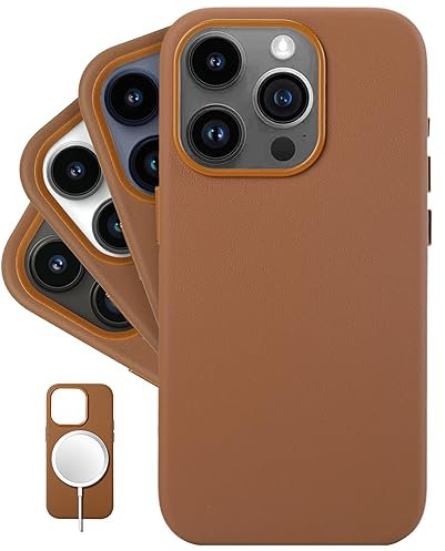 LONLI Classic - (für iPhone 15 Pro) - Europäische Nappa Leder Hülle Case - Wird im Laufe der Zeit glatter und weicher - Kompatibel mit Magsafe - Braun