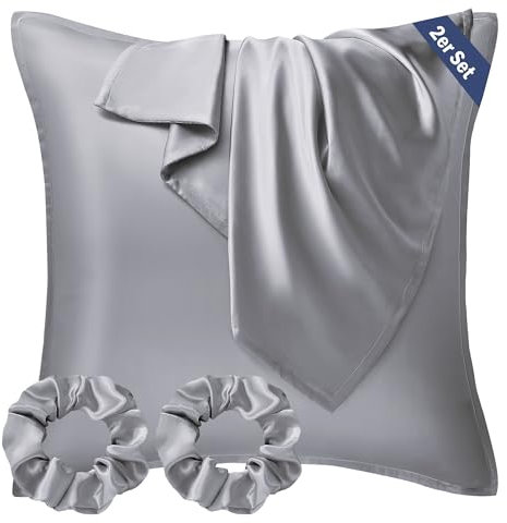 Seiwohl 2 Housses de Coussin en Satin, 65 x 65 cm, taies d’Oreiller similaires à la Soie, pour Les Cheveux et la Peau, Gris, avec 2 élastiques à Cheveux