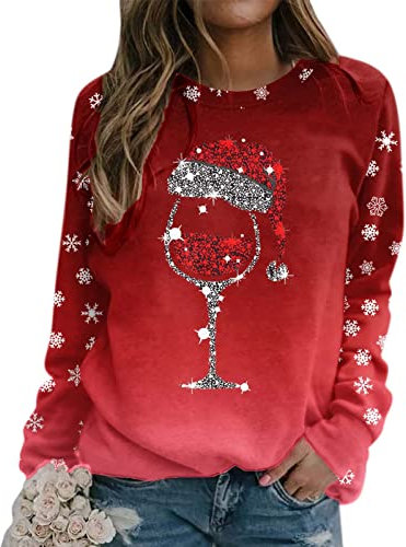 Weihnachtspullover Damen Sweatshirt Rundhals Langarm Rentier Weinglas Weihnachtsmann Druck Langarmshirt Teenager Mädchen Christmas Sweatshirt Weihnachtspulli Oberteile Tops Pullover Shirt Frauen