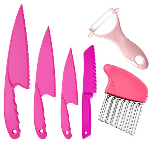 AVIDA ZEN Kids Knife Set for Chopping 6 Pcs-Children Kitchen Knife Set for Cutting-Mini Chef Kids Safety Knives for Toddlers–4 Sizes Knives, 1 Peeler, 1 Crinkle Cutter-for Vegetables, Fruit (Pink)