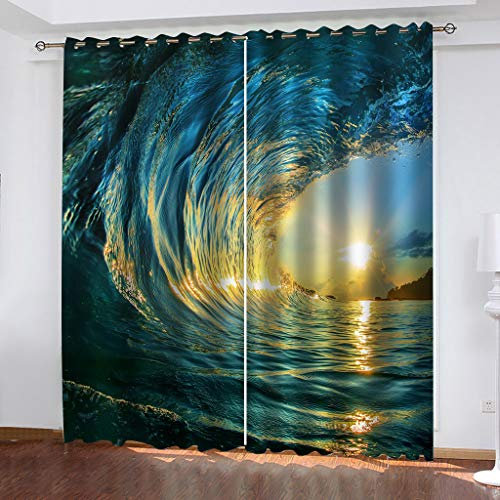 Vorhänge Wohnzimmer Gardinen 3D Sunny Waves Landschaft Verdunklungsvorhänge Ösen, Muster 2Er Set 280x260 cm Blickdichte Vorhänge, Ösenvorhang 2Er Set, Vorhänge Schlafzimmer, Verdunkelung