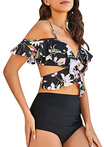 Ydsxlp Bikini Sets, Women's Push Up Bikini Top with Tummy Control Ruffles, High Waist, Swimwear, V-Neck, Crossed Flounce Sleeves, Wrap, Tummy Control, Two Piece Swimsuit, A Black, M