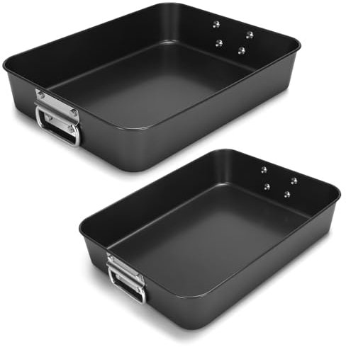 EsOfficce Lasagna Pan, 2 Pcs 13.7/16 inch, 3 Inch Deep, Heavy Duty Carbon Steel, Nonstick, Rectangular, Dishwasher Safe, Dark Gray
