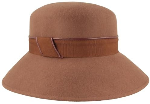 Breiter Damen Filzhut 100% Wolle Wollhut Wollfilz-Glocke Hut Band mit Kunstleder-Paspel - One Size Taupe