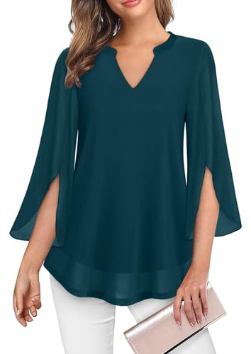 Akiooue Women's Tops: Ladies Chiffon Blouse, Size 12-14, 3/4 Sleeve, V-Neck, Solid, Night Out