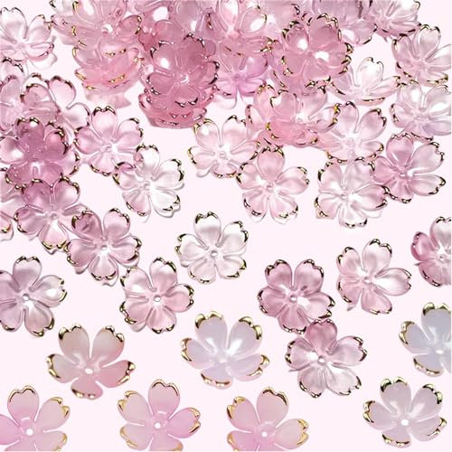 Ruzister 50 Cuentas de Flores acrílicas de Flor de Cerezo, Mini Cuentas espaciadoras de Flores para Hacer Joyas, 5 pétalos de Flores degradadas chapadas en Oro