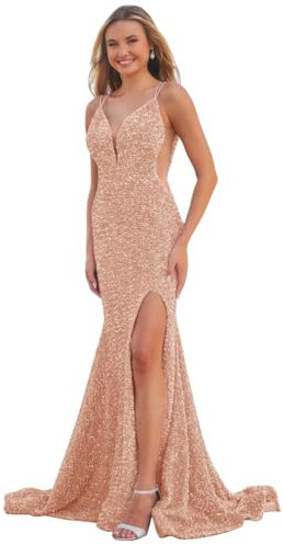 Générique Robe de Bal de Fin d'année à Sequins étincelants Robe de mariée à Bretelles Spaghetti pour Femmes Longues Robes de soirée Robe de soirée Rose Gold 5XL