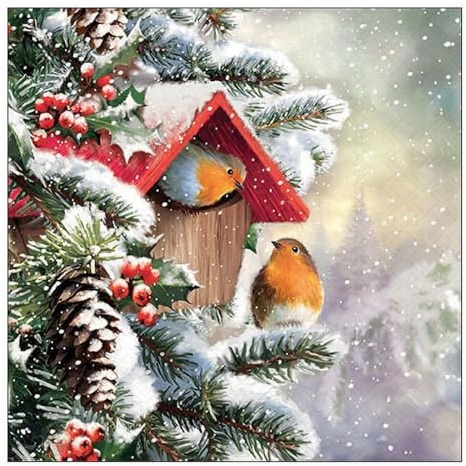 Ambiente Serviette Rotkehlchen Winterhaus, 33x33 cm, 3-lagig, 20 Stück, Weihnachtsserviette, Tischdeko, Winterdesign
