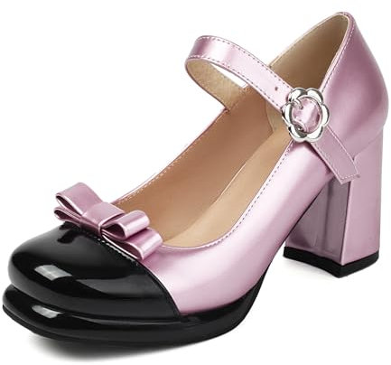 MJIASIAWA Tacco Alto A Blocco Donna Mary Jane Bowknot Pump Comodo Punta Rotonda Sposa con Cinturino alla Caviglia Lovely Plateau Vestito Scarpe Viola Numero 33 EU