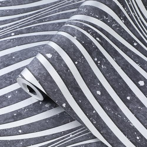 Baketron Dark Gray Wallpaper 3D Silver Glitter Wave Embossed Wallpaper with Marble Effect Textured Feature Striped Modern Wall Paper Roll for Livingroom Bedroom Hallway Kitchen