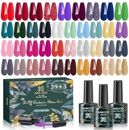 42 Stück UV Gel Nagellack Set, UV Nagellack Farbgel mit Base & Top Coat & Matte Coat,Gelnagellack für UV Lampe mit Geschenkbox Maniküre Set (Enthält kein UV-Licht)