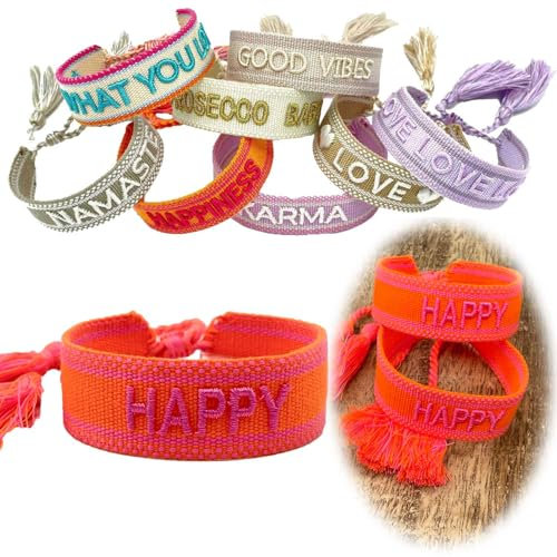 LS-LebenStil Exklusives Statement Armband Quasten besticktes Boho Canvas Webarmband (Happy Neon Orange Pink)