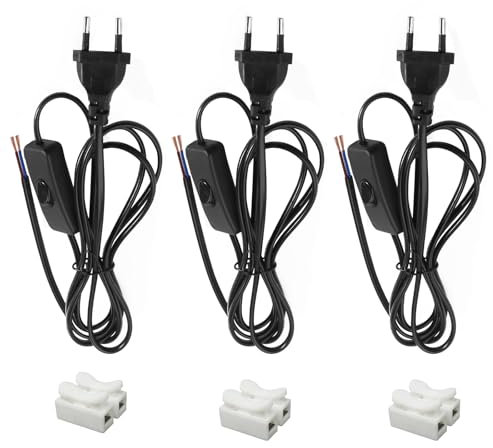 3 Pack Cables de alimentación con Interruptor 1.8m Cable de conexión con Enchufe, 2 x 0,75 mm², Cables con Interruptor para lámparas, lámparas de Mesa, lámparas de pie (Negro)